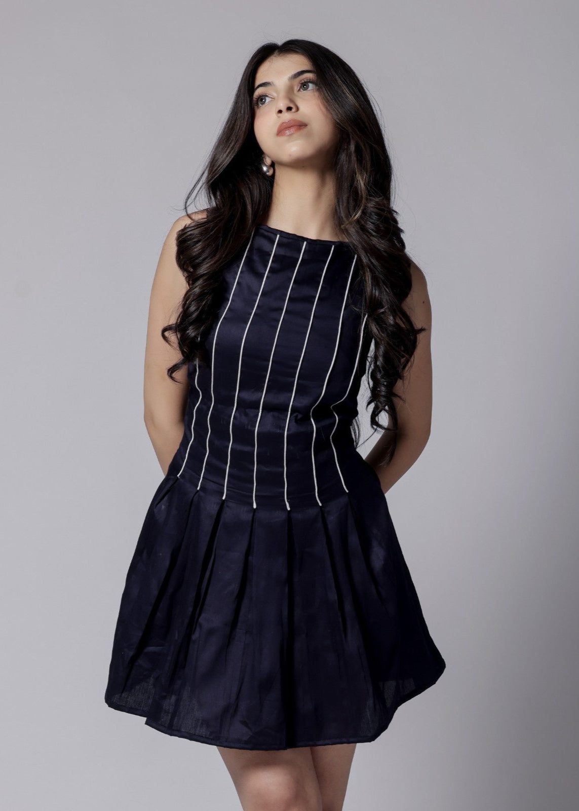 navy blue dress with white piping Terri Midi Dress in Navy with White Contrast Trim