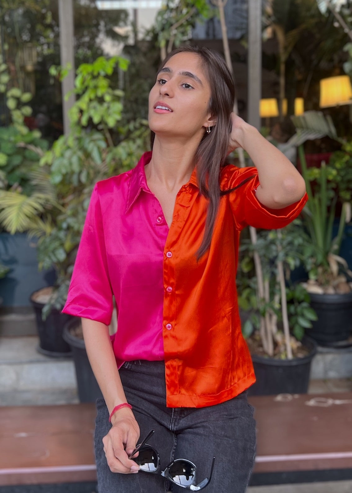 dual toned-orange and white half n half satin summer shirt