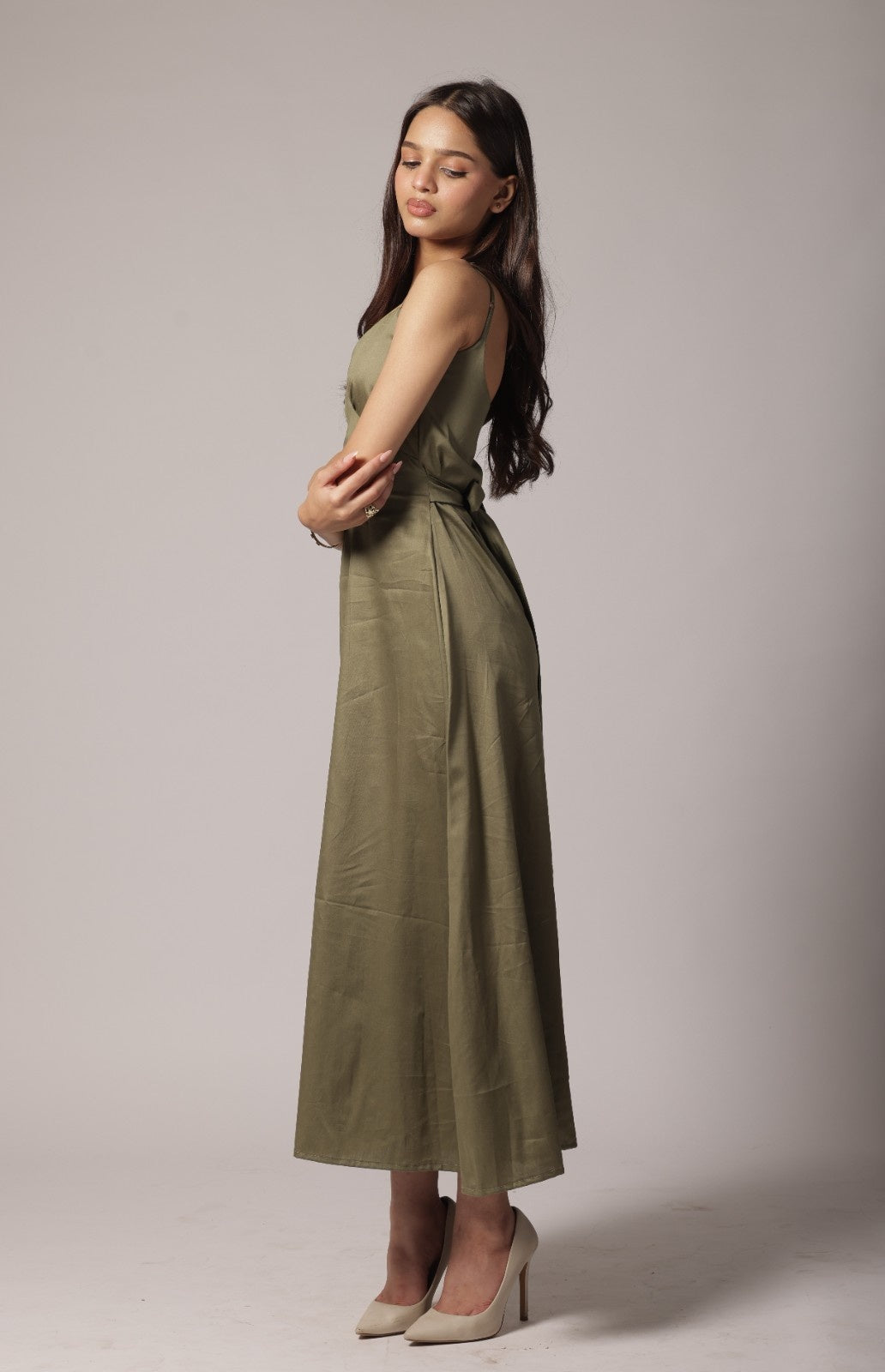 Olive Sage Green Cotton Satin Long Dress | Hyghbreed Olive Sage Green Cotton Satin Long Dress | Hyghbreed