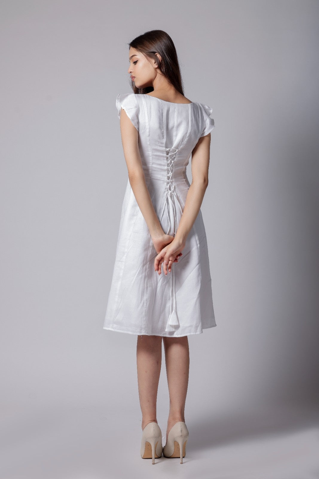 White Flared Long Cotton Dress with Adjustable Back corset knots | Hyghbreed White Flared Long Cotton Dress with Adjustable Back corset knots | Hyghbreed