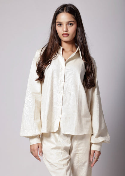 Off-white cotton-linen co-ord set with gathered sleeve shirt and wide-leg pants