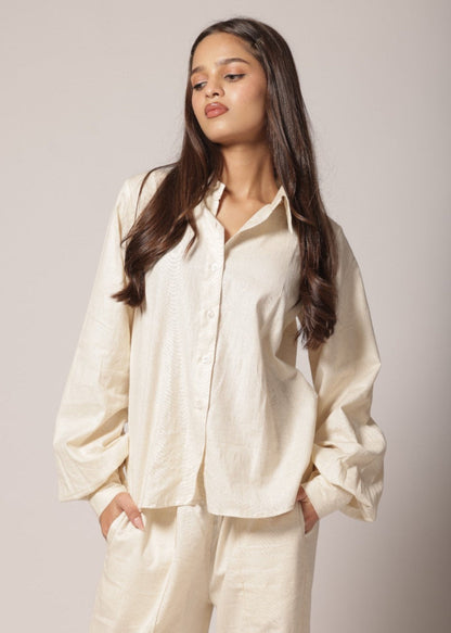 Off-white cotton-linen co-ord set with gathered sleeve shirt and wide-leg pants