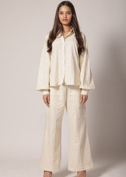 Off-white cotton-linen co-ord set with gathered sleeve shirt and wide-leg pants