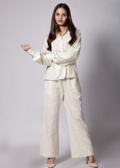 Off-white cotton-linen co-ord set with gathered sleeve shirt and wide-leg pants