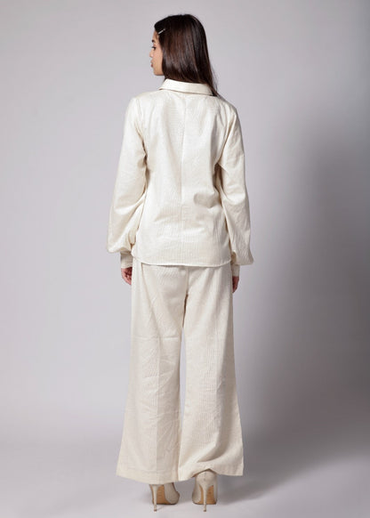 Off-white cotton-linen co-ord set with gathered sleeve shirt and wide-leg pants