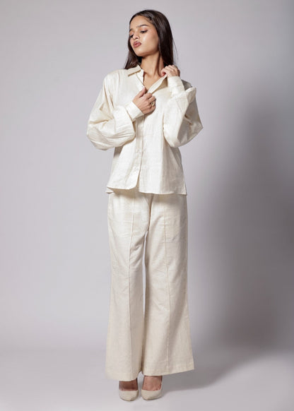 Off-white cotton-linen co-ord set with gathered sleeve shirt and wide-leg pants