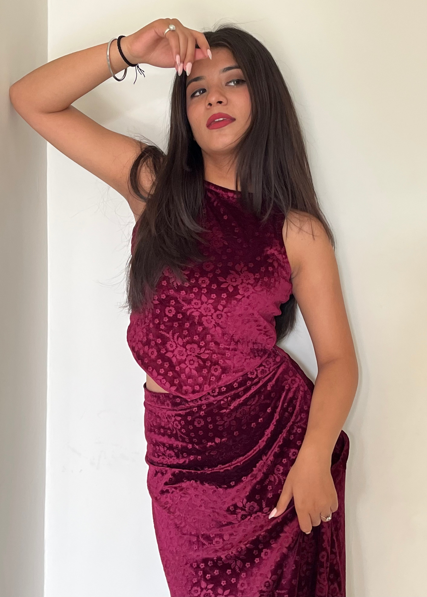 BERRY BABE l FLORAL VELVET SKIRT SET