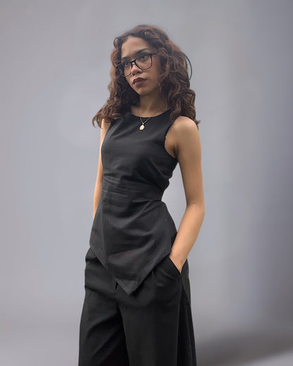 Black asymmetrical terry cotton co-ord set with tie-up waist and wide leg tailored pants.