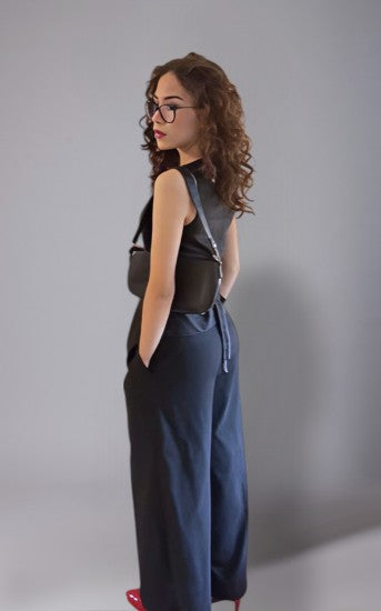 Black asymmetrical terry cotton co-ord set with tie-up waist and wide leg tailored pants.